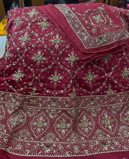 Elegant Bridal Poshak: Heavy Bember Satin, Pure Thakurji Odhna | Jardoji, Dabka & Aari Handwork