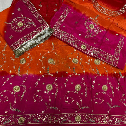 Designer 3-Shade Rajasthani Poshak in Natural Fabric – Zardozi, Dabka & Full Hand Aari Work
