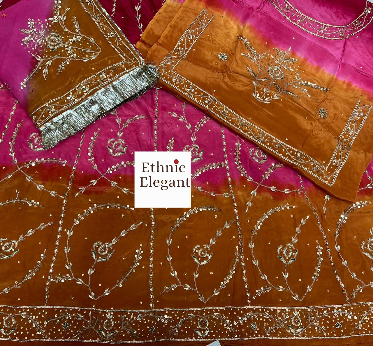 Designer 3-Shade Rajasthani Poshak in Natural Fabric – Zardozi, Dabka & Full Hand Aari Work