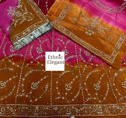 Designer 3-Shade Rajasthani Poshak in Natural Fabric – Zardozi, Dabka & Full Hand Aari Work