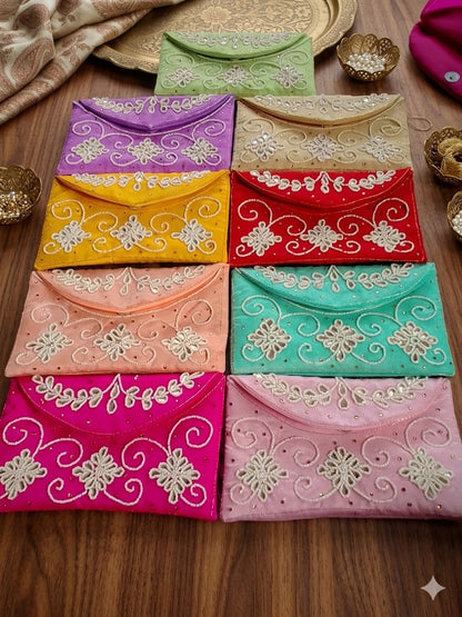 Designer Pearl Work Money Purse & Envelope Pack of 6 Multicolor | Wedding Gifting
