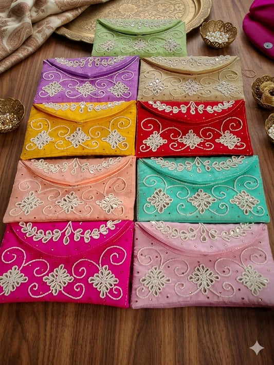 Designer Pearl Work Money Purse & Envelope Pack of 6 Multicolor | Wedding Gifting
