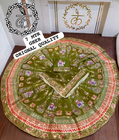 Royal Rajwadi 7 MTR Gher Designer Lehenga Poshak – Premium Georgette with Heavy Odhani & Gotta Work