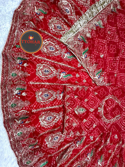 Designer 4 Mtr Gher Vintage Chunnari Rajputi Poshak | Georgette Zari Work Wedding Outfit CODE : SHR