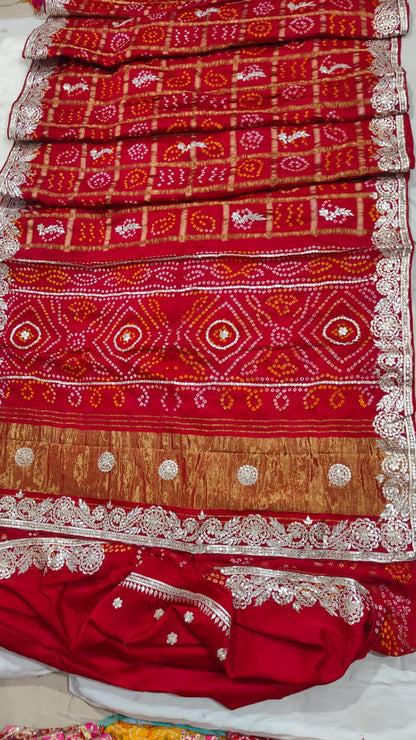 Pure Modal Gajji Silk Bandhej Saree with Heavy Zero Gota Patti Handwork