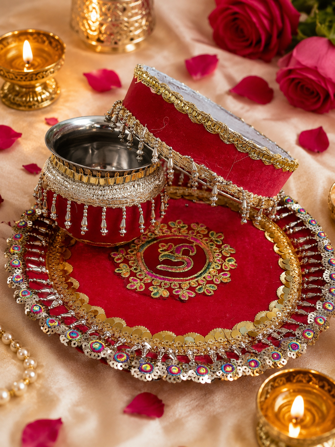Embroidery sequence pearl stone 🕉 design Handcrafted traditional karwa chauth puja thali 🌹free gift rolli chawal platter 💫