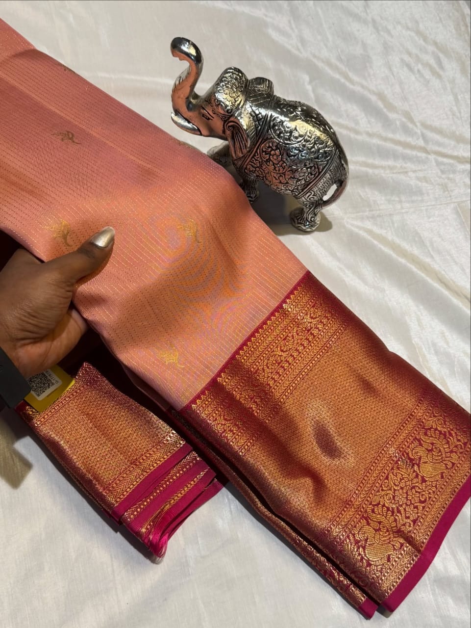 Peach & Pink Pure Kanchipuram Silk Saree with Golden Peacock Work – Silk Mark Certified