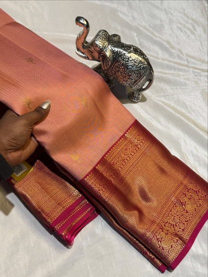 Peach & Pink Pure Kanchipuram Silk Saree with Golden Peacock Work – Silk Mark Certified