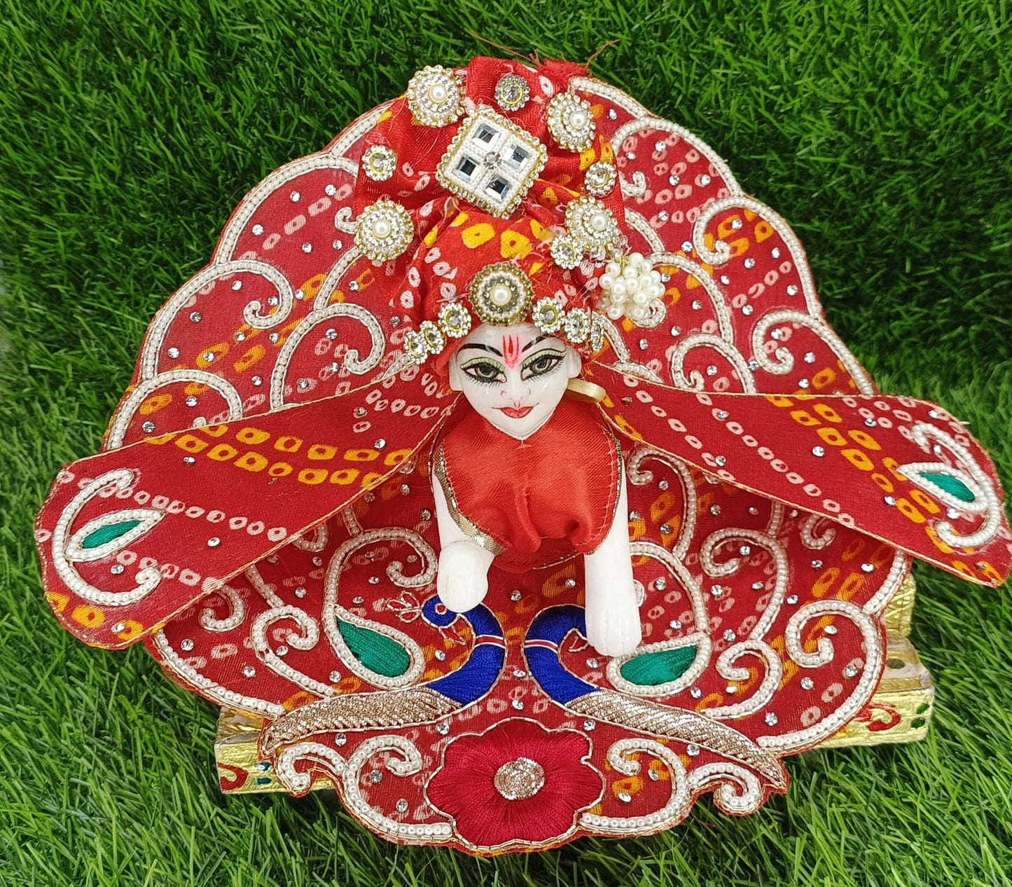 Peacock bandhej handwork heavy Ladoo gopalji tyohar special poshak   6* inch