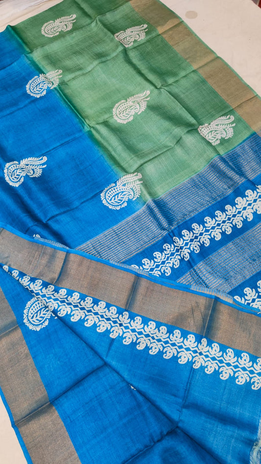 Handprinted Tussar Silk Saree – Silk Mark Certified with Running Blouse