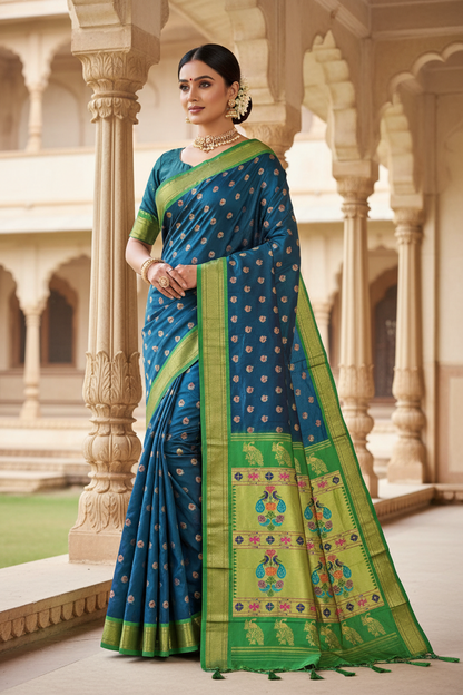 Pure Silk Paithani Saree with Maharani Pallu & Meenakari Buti – Kalanjali Collection
