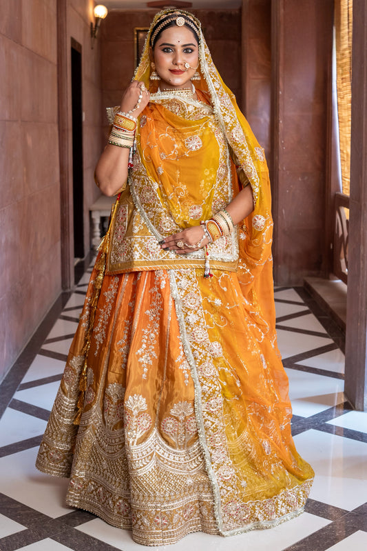 Premium Qualitya SHADED HEAVY PURE NATURAL SILK Fabric with Humarai pure Odhani Fancy Barik Coding Pittan Zari work with fancy Sequence work Rajasthani Poshak