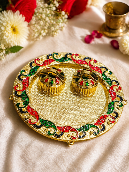 Gold Plated Peacock Design Acrylic Pooja Thali 6 Inch | Sagun Roli Chawal Tilak Plate for Diwali, Haldi Kumkum & Housewarming Gifts