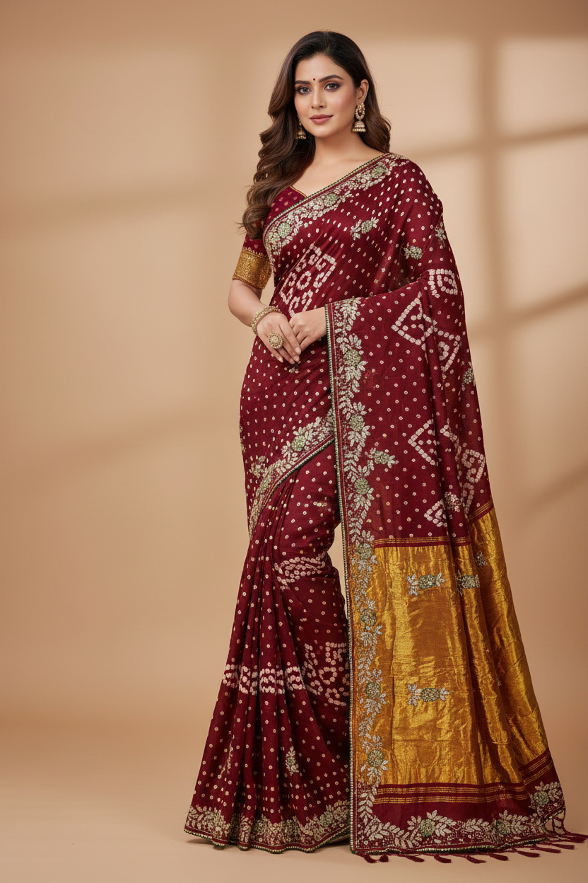 Pure Modal Gajji Silk Jaipuri Bandhej Saree – Boutique Handwork Designer Saree