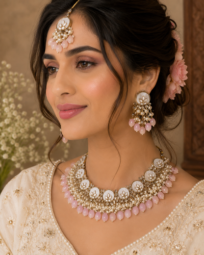 Kundan Choker Necklace Set with Pink Beads – Royal Bridal & Festive Statement Jewelry Set