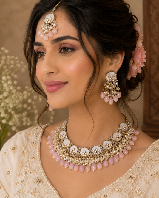 Kundan Choker Necklace Set with Pink Beads – Royal Bridal & Festive Statement Jewelry Set