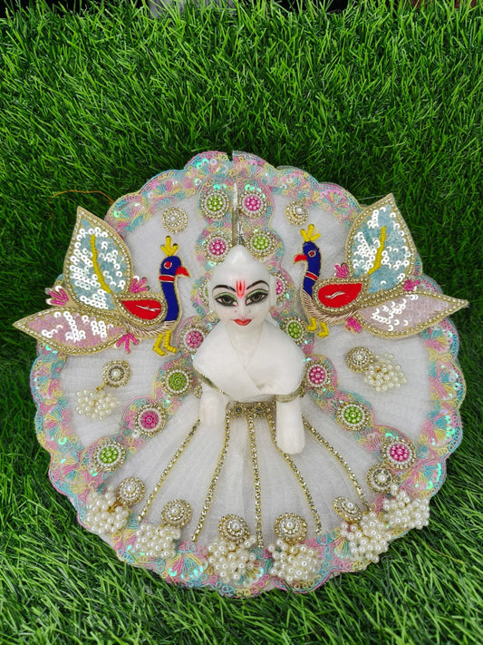 Peacock gulen moti sequence work boutique Ladoo gopalji poshak with mukut size 6"inch