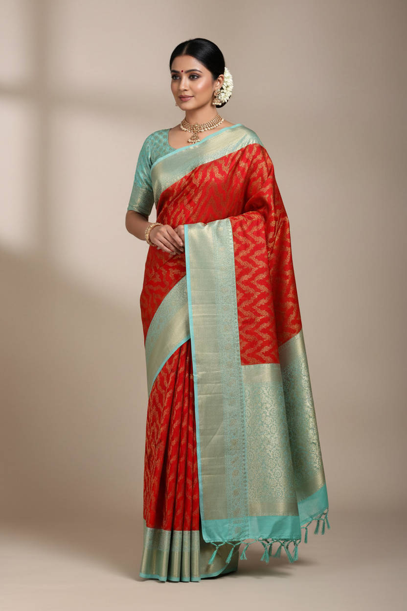 Red & Rama Green Semi Kanchipuram Silk Saree – Handwoven Traditional Saree