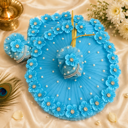 Handcrafted Sky Blue Floral Pearl Laddu Gopal Poshak with Mukut | Designer Krishna Dress