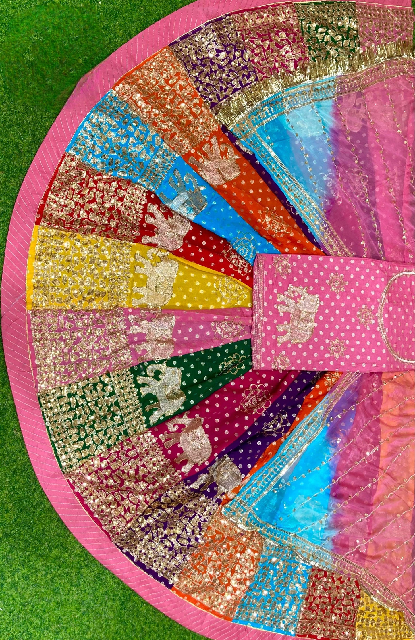 Traditional Multicolour  Royal Elephant work Rajasthani Poshak – Banarasi 32 Kali Lehenga with Zari & Sequin Work
