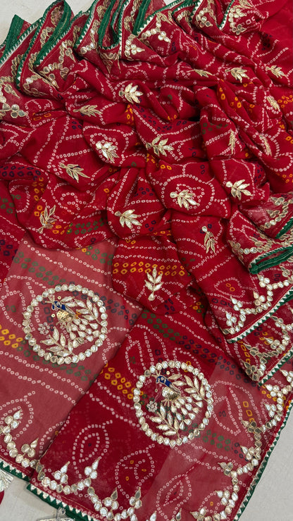 Pure Georgette Peacock Pallu Saree with Gota Patti Work – Chanderi Pilla Traditional Saree