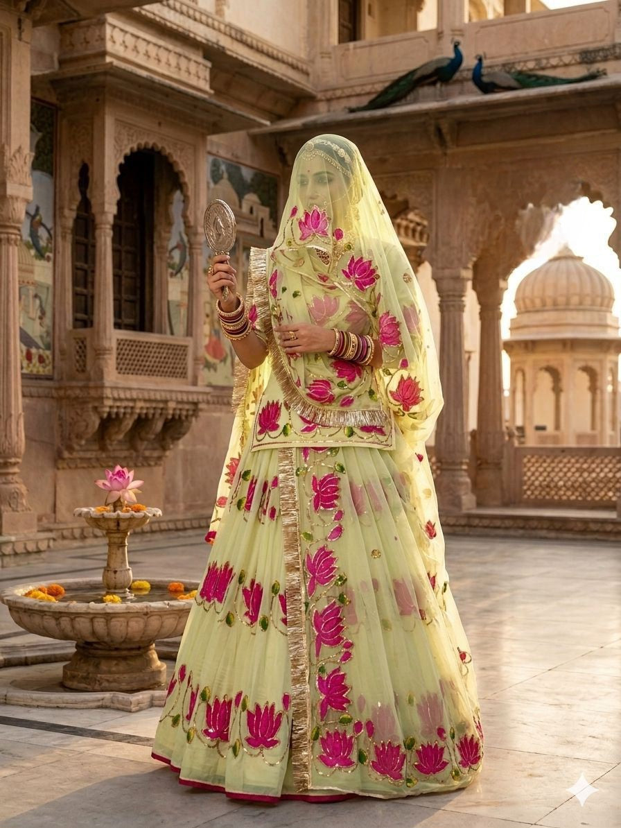 Rajputana Style Lotus Poshak | Natural Silk Handwork Designer Lehenga with Heavy Odhna