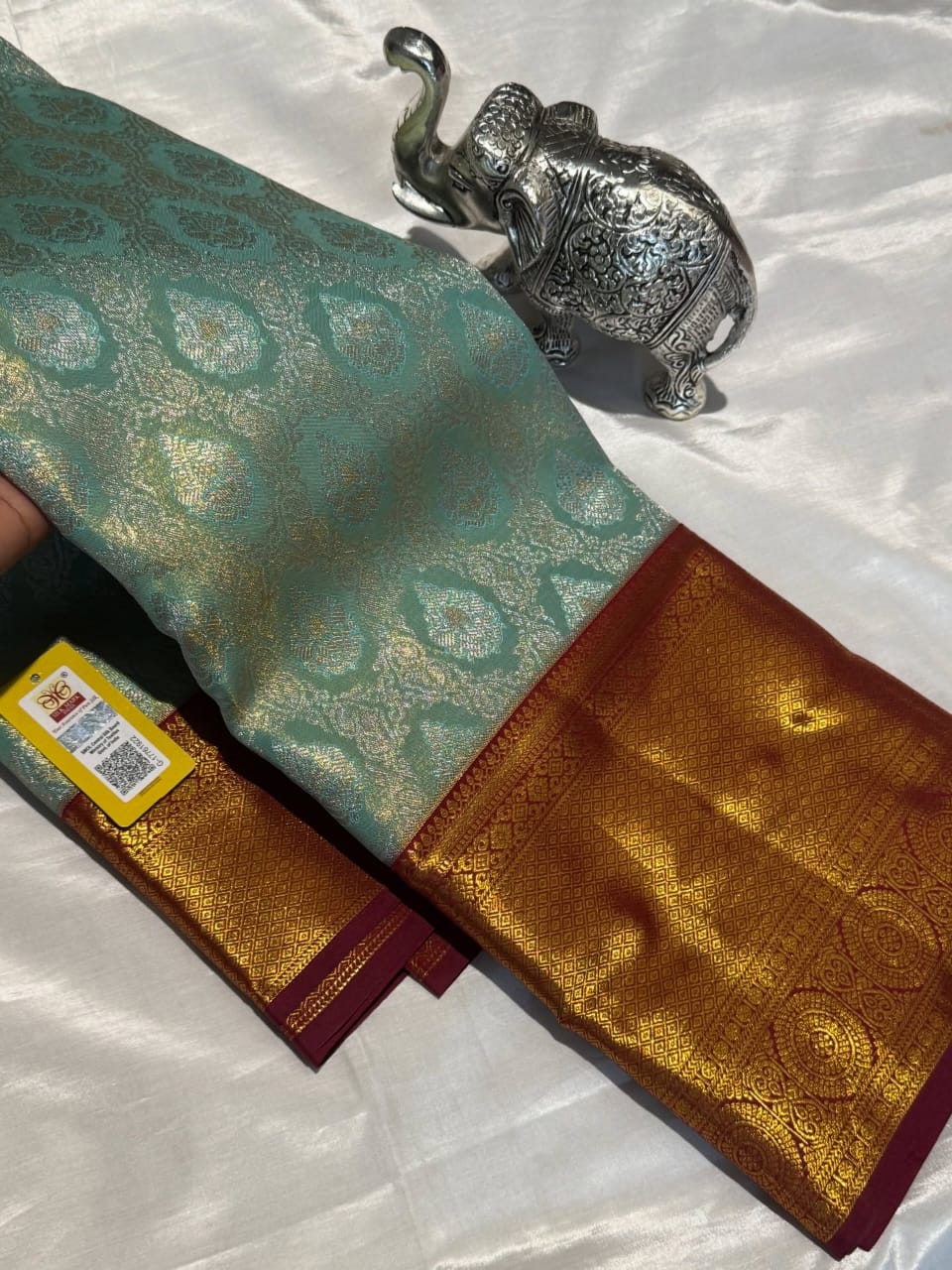 Misty Aqua Blue Pure Kanjivaram Silk Saree with Silver Gold Zari – Silk Mark Certified