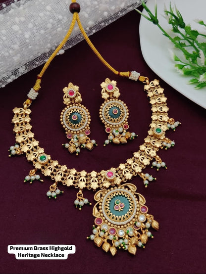 Premium Brass Traditional Necklace Set with Earrings – Bridal & Festive Jewelry