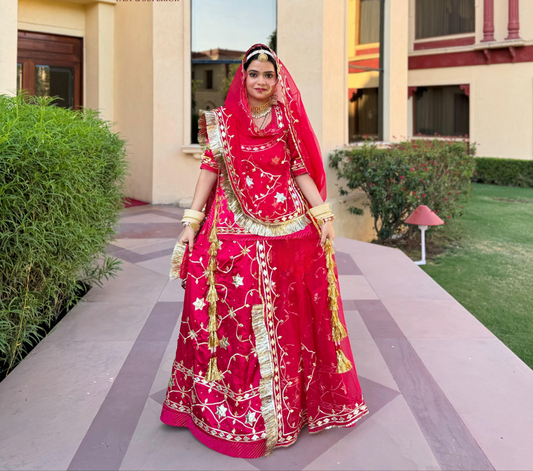 Cherry Rani Colour Rajputi Poshak – Satin Fabric with Pure Humrahi Odhna, Gota Patti & Silver Work