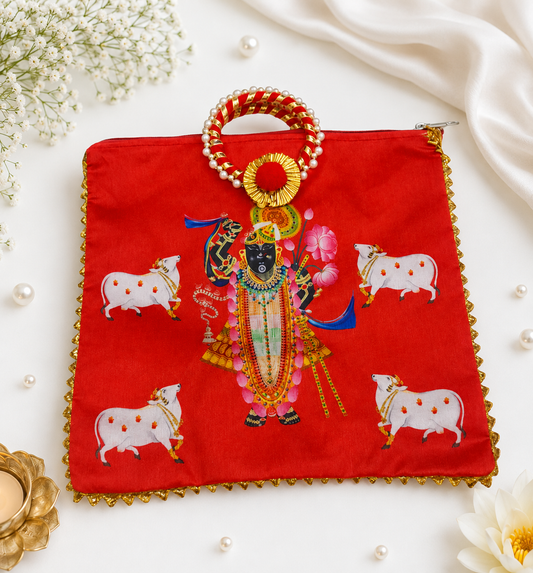 Shree Nathji Kamdhenu Cow Printed Bag for gifting/ Mangal path / Haldi kumkum / Wedding/ Return Gift  pack of 1