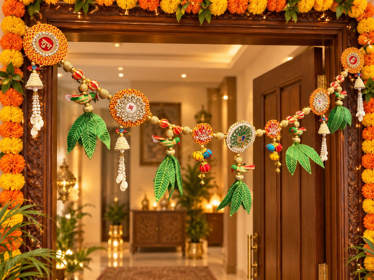 Moli Thread Peacock Parrot Mango Leaves Auspicious designer Bandarwal/Toran CODE:HPK