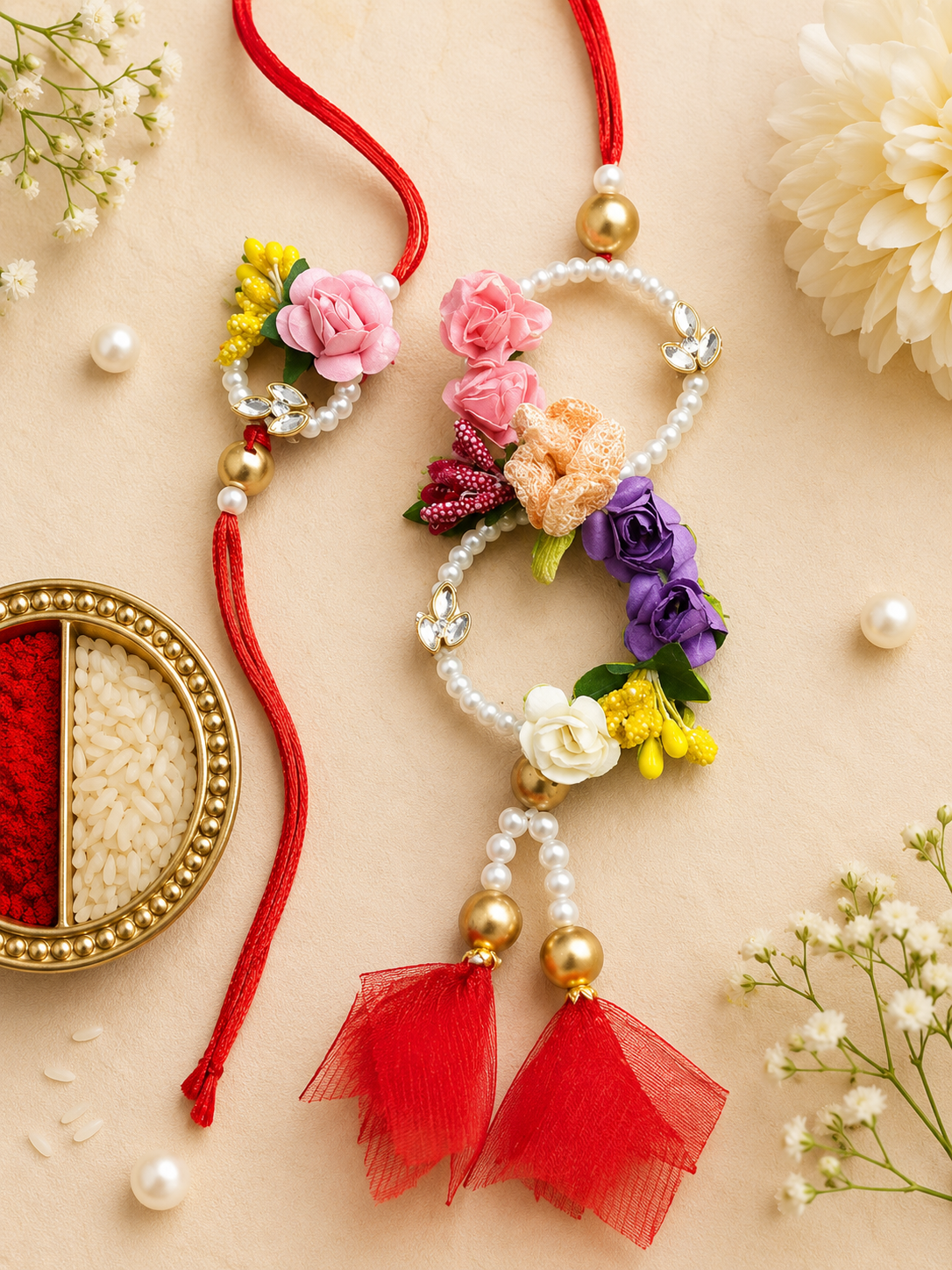 Floral Blossom Bhaiya and Bhabhi Rakhi Set