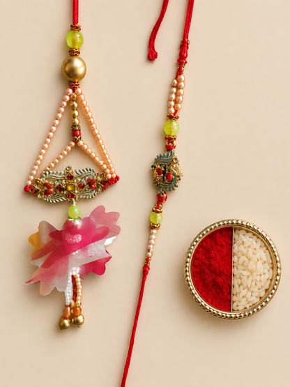 Pearl stone Handcrafted Bhaiya Bhabhi Rakhi Set