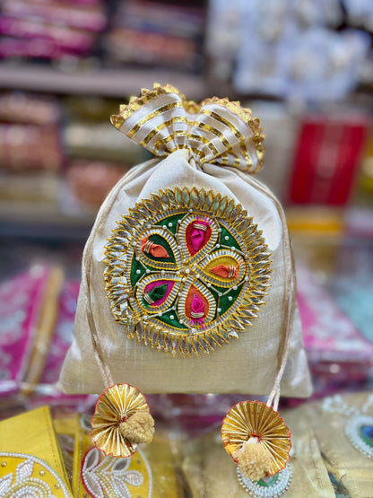 Dupion Silk Handcrafted Sagun Potli Bags – Beautiful Handwork Gift Pouches (Pack of 6, Size 7x9 Inch)