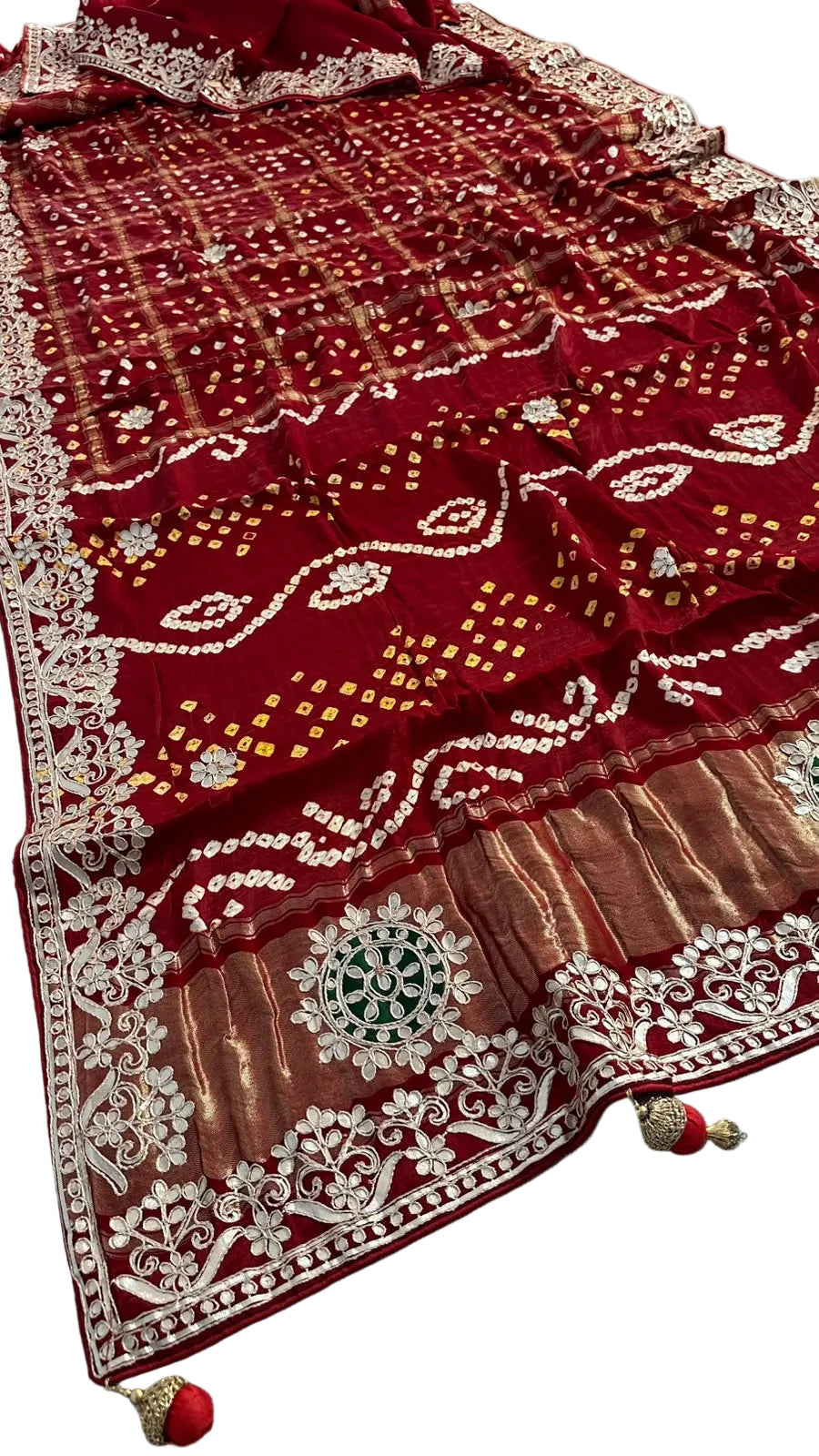 Pure Modal Gajji silk Gotta Patti Zari work Traditional Red & Maroon     Ghatchola saree