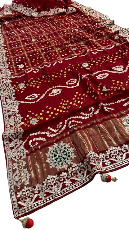 Pure Modal Gajji silk Gotta Patti Zari work Traditional Red & Maroon     Ghatchola saree