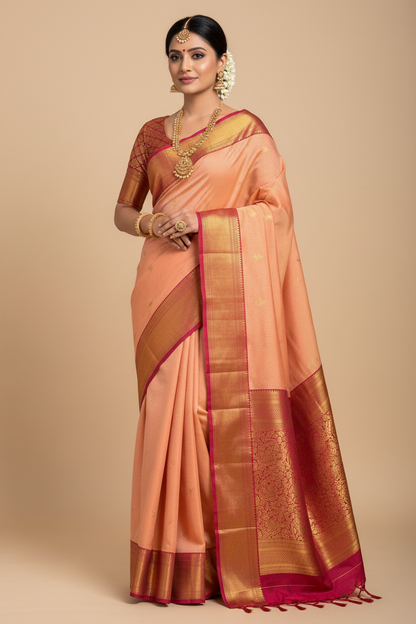 Peach & Pink Pure Kanchipuram Silk Saree with Golden Peacock Work – Silk Mark Certified