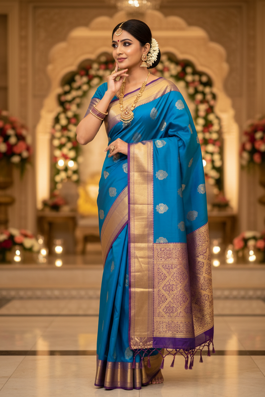 Royal Blue Rich Pallu Pure Silk Kanchipuram Saree silk Mark certified
