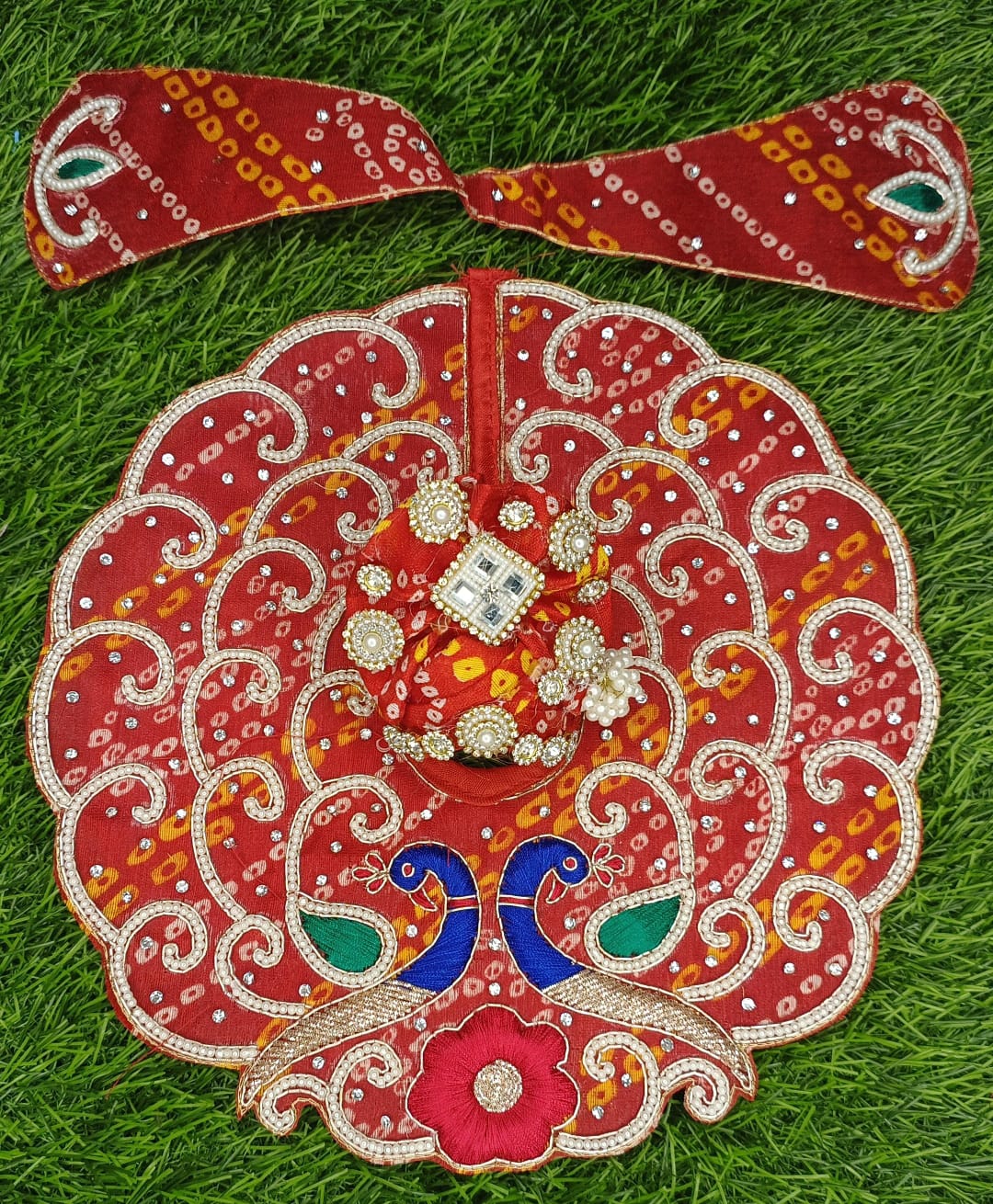 Peacock bandhej handwork heavy Ladoo gopalji tyohar special poshak   6* inch