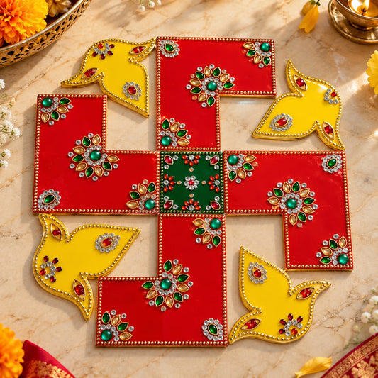 Diamond Stone & Beaded Acrylic Swastik Diya Rangoli Sticker – 12 Inch