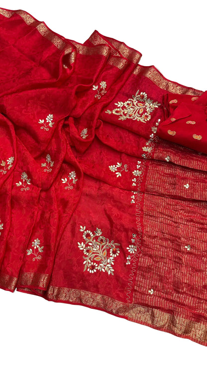 Pure Chinon Jacquard Saree with Zari Hand Work | Fancy Designer Festive Saree for Women