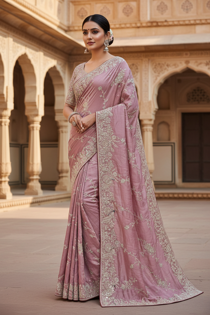 Baby Pink Pure Silk Saree with Heavy Zardozi Handwork – Designer Boutique Saree