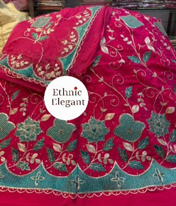 Natural Silk Rajputi Poshak with Pure Odhna | Heavy Patch Work Handcrafted Outfit