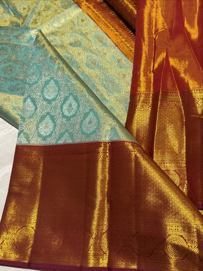 Misty Aqua Blue Pure Kanjivaram Silk Saree with Silver Gold Zari – Silk Mark Certified