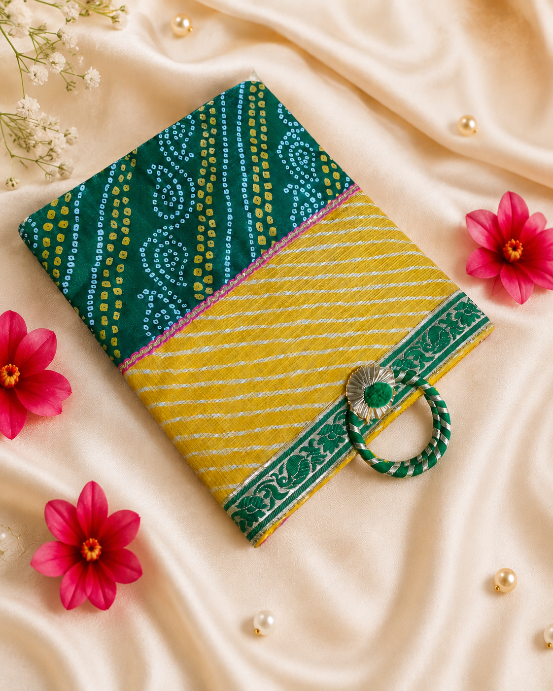 Jaipuri Bandhej Bag for Pooja/ mangal path/Haldi kumkum return Gifting bag (Pack of 1 Bag)  size H 32 * cm B 25* cm