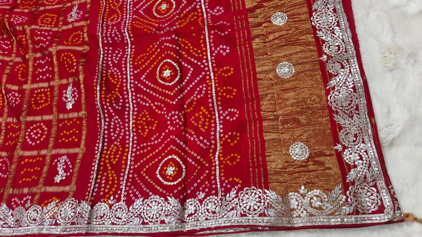 Pure Modal Gajji Silk Bandhej Saree with Heavy Zero Gota Patti Handwork