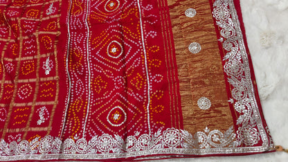 Pure Modal Gajji Silk Bandhej Saree with Heavy Zero Gota Patti Handwork