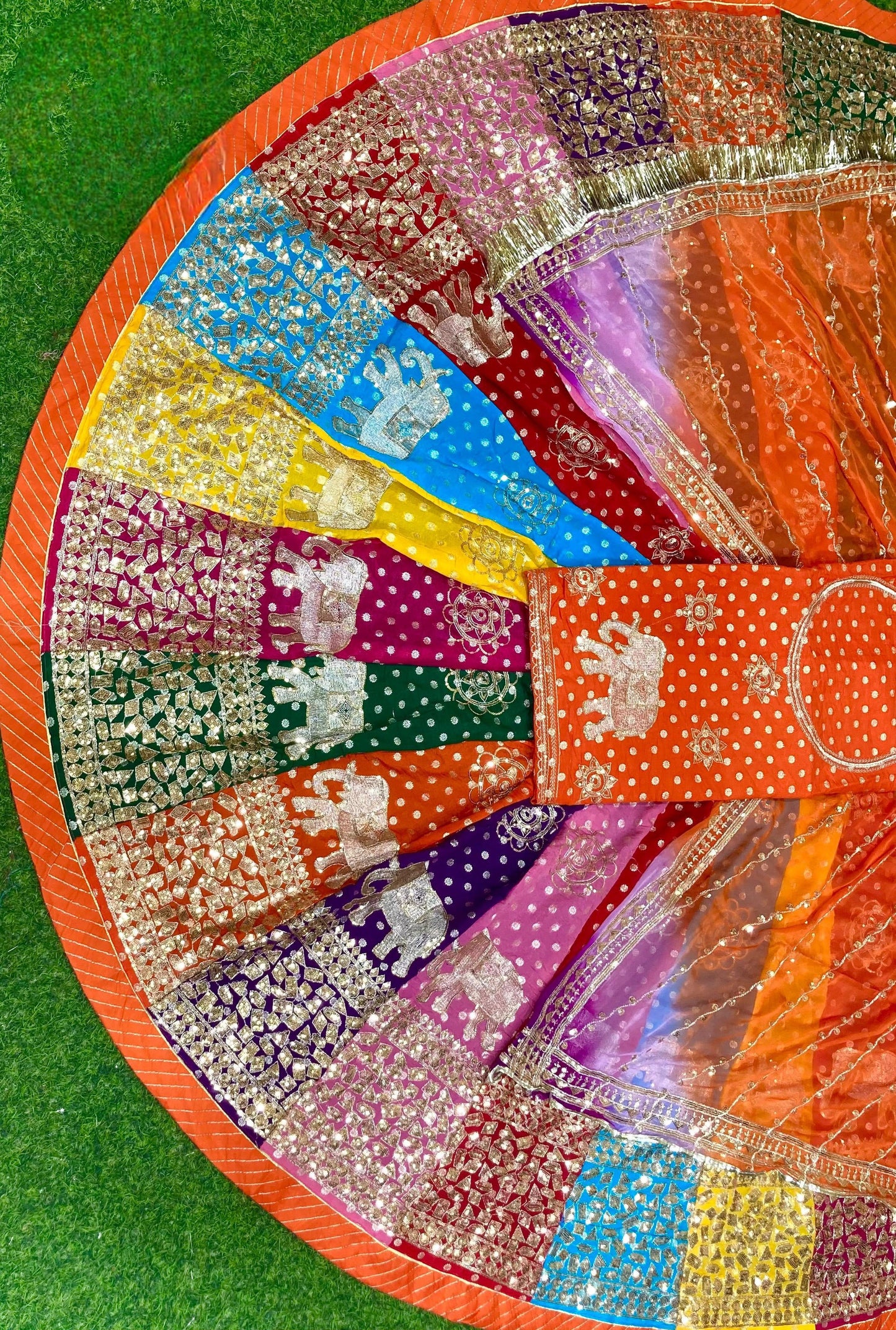 Traditional Multicolour  Royal Elephant work Rajasthani Poshak – Banarasi 32 Kali Lehenga with Zari & Sequin Work