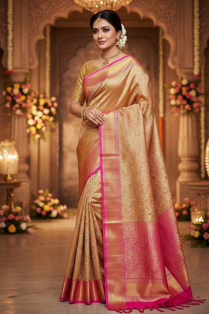 Pure Kanchipuram Silk Saree (Silk Mark Certified) – Gold Zari Woven Bridal Saree with Running Blouse