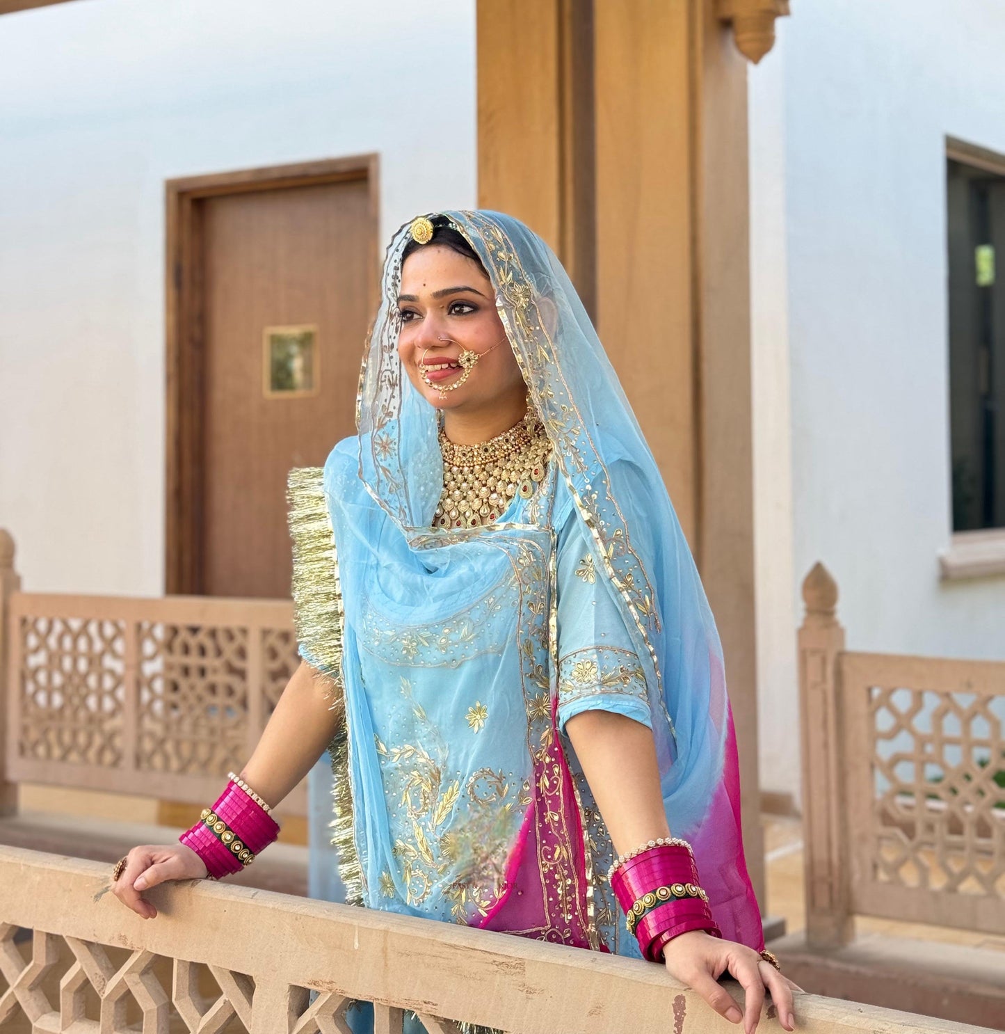 Sky Neel Natural Fabric Zardozi & Dabka Handwork Rajasthani Designer Poshak